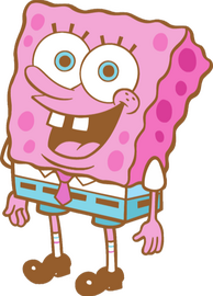SpongeBob but his skin tone is pink instead of yellow and is wearing blue pants and a pink tie