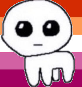 a white simplified doodle of a four-legged creature on a lesbian flag. Its most prominent feature is its round black eyes.